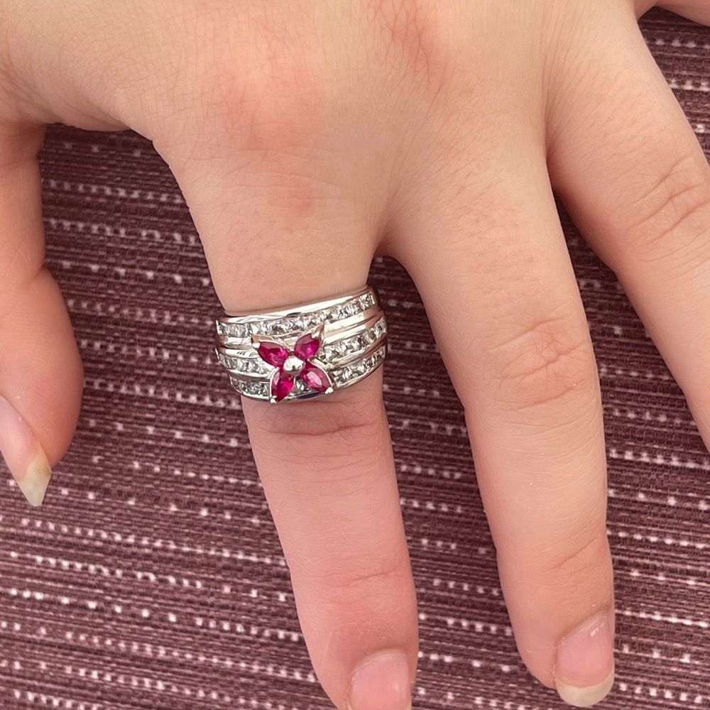 Simulated Ruby & Diamond 3 Row Cocktail Ring - image 3